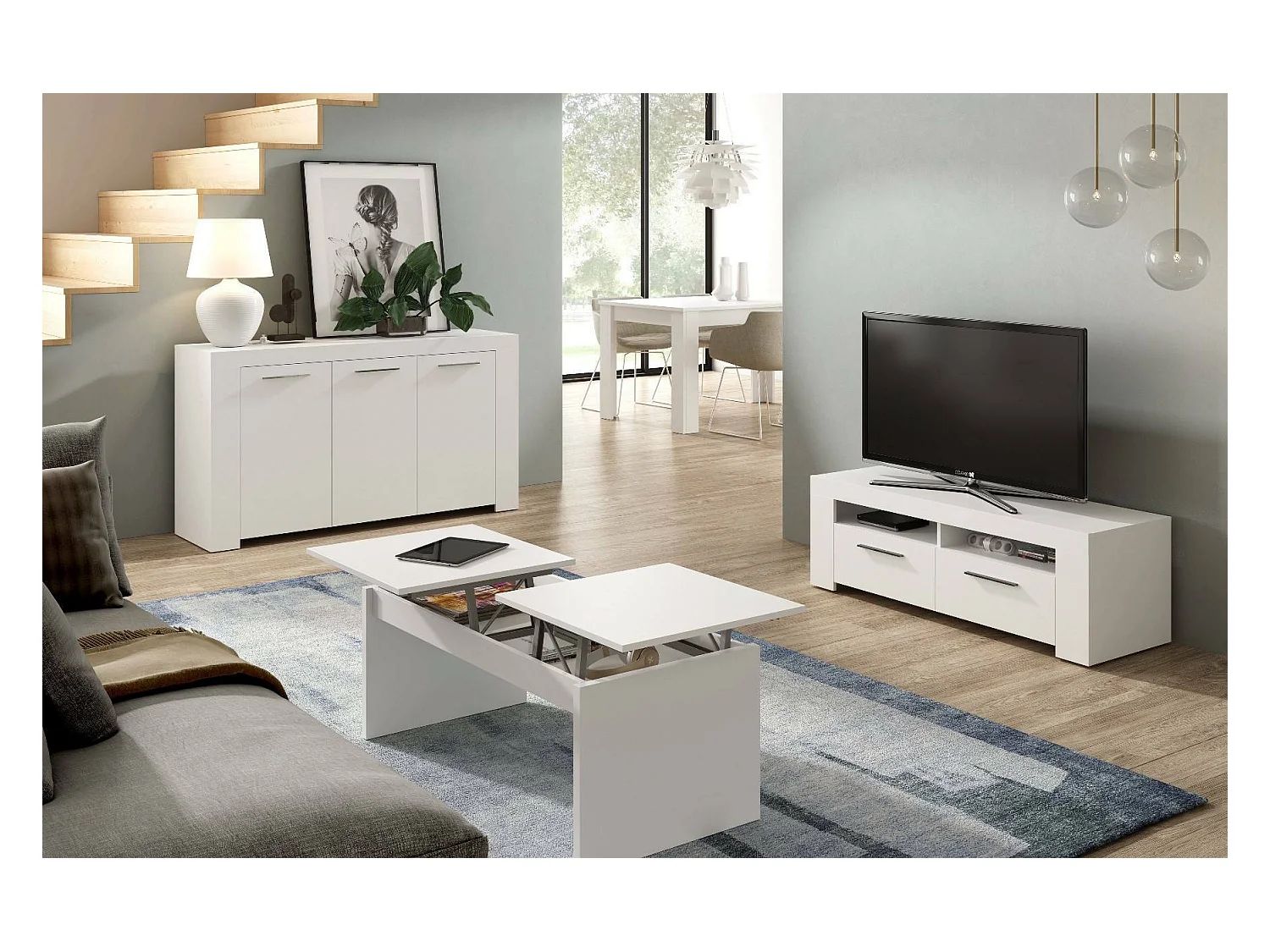 Bellevue dressoir, Modern dressoir met 3 deuren, Woonkamerbuffet, TV-kast, Dressoir voor woonkamer, 144x42h80 cm, Wit