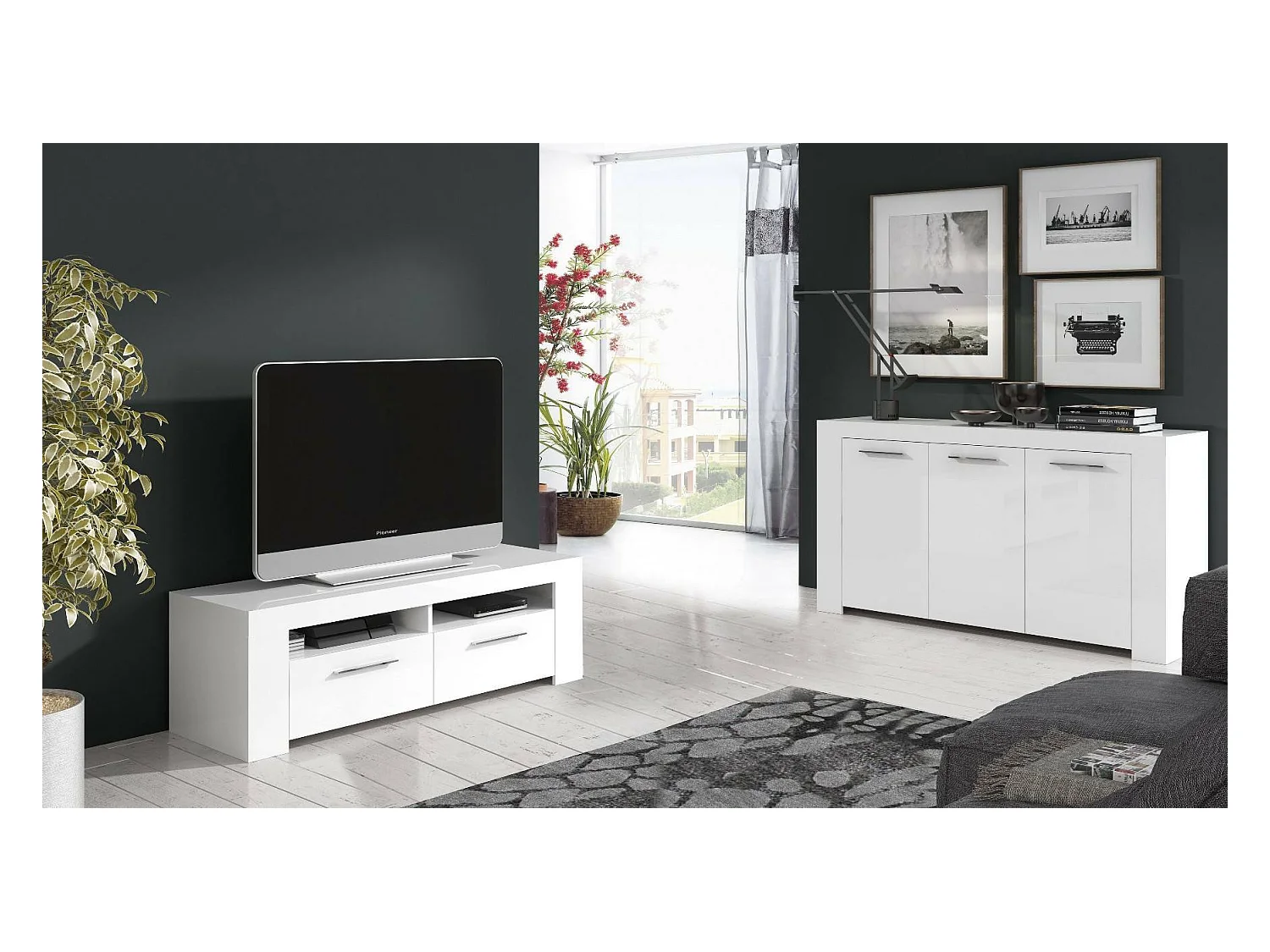 Bellevue dressoir, Modern dressoir met 3 deuren, Woonkamerbuffet, TV-kast, Dressoir voor woonkamer, 144x42h80 cm, Wit