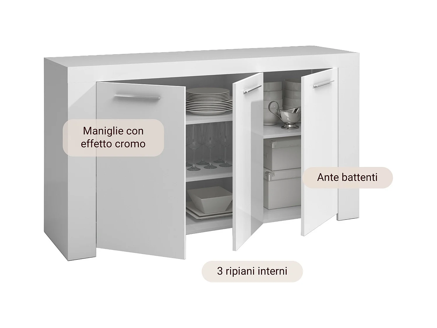 Bellevue dressoir, Modern dressoir met 3 deuren, Woonkamerbuffet, TV-kast, Dressoir voor woonkamer, 144x42h80 cm, Wit