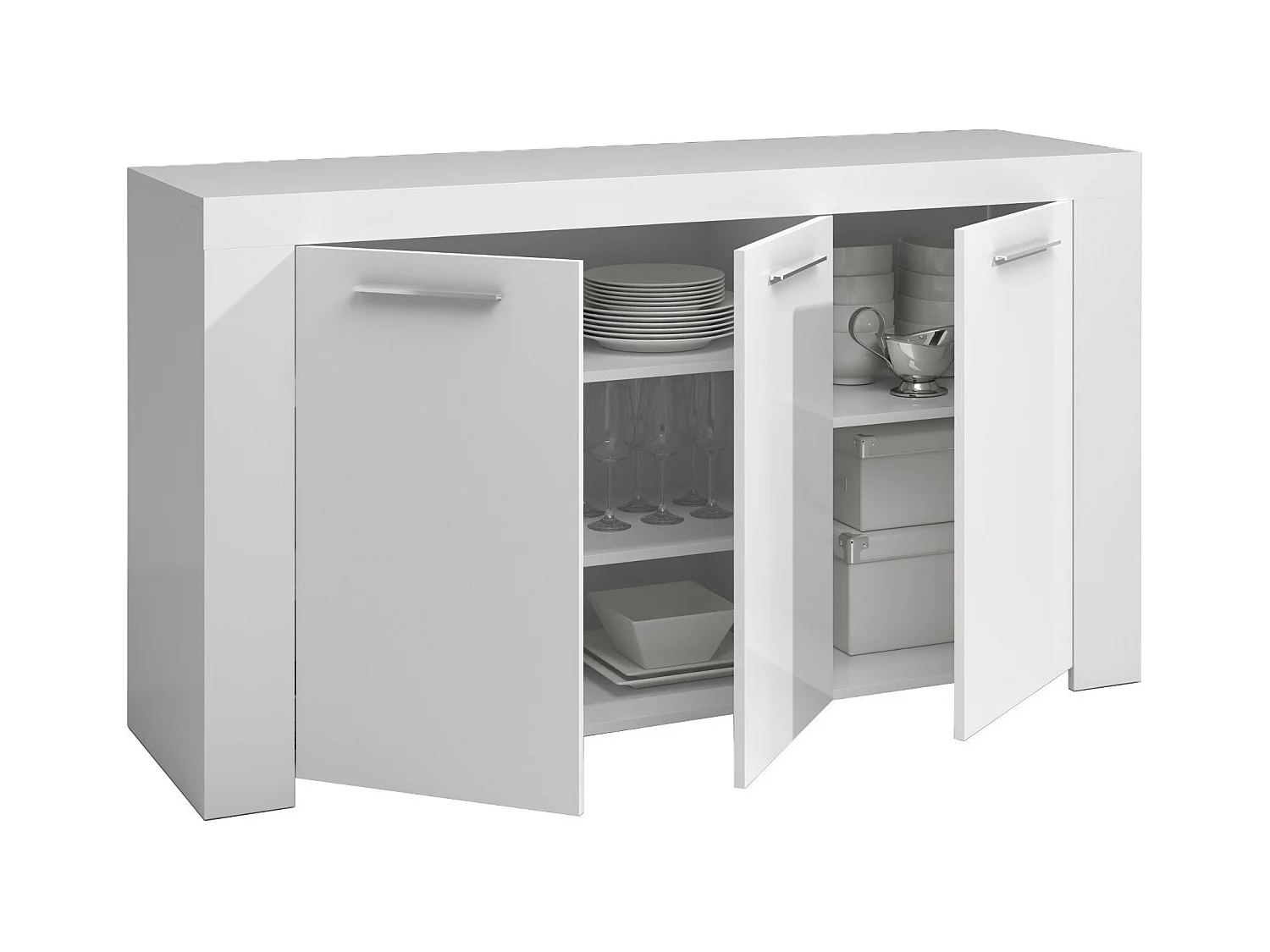 Bellevue dressoir, Modern dressoir met 3 deuren, Woonkamerbuffet, TV-kast, Dressoir voor woonkamer, 144x42h80 cm, Wit