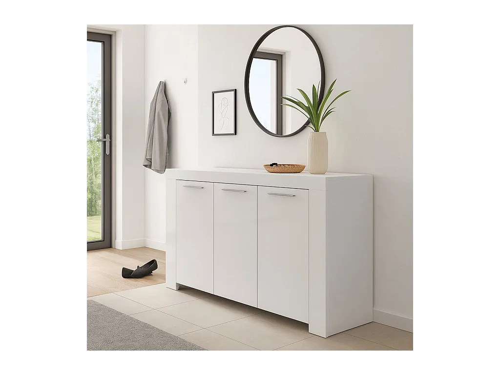 Buffet Bellevue, Buffet de salon, Meuble TV, Buffet pour salon, Armoire moderne avec 3 portes, 144x42h80 cm, Blanc