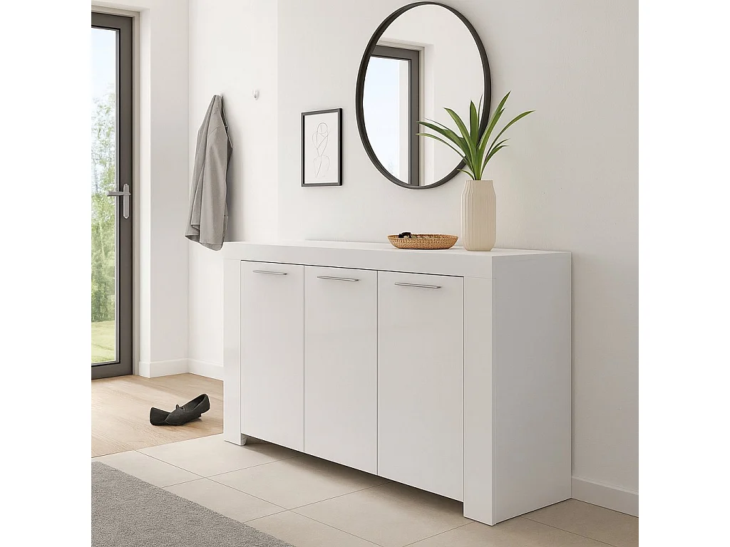 Buffet Bellevue, Buffet de salon, Meuble TV, Buffet pour salon, Armoire moderne avec 3 portes, 144x42h80 cm, Blanc