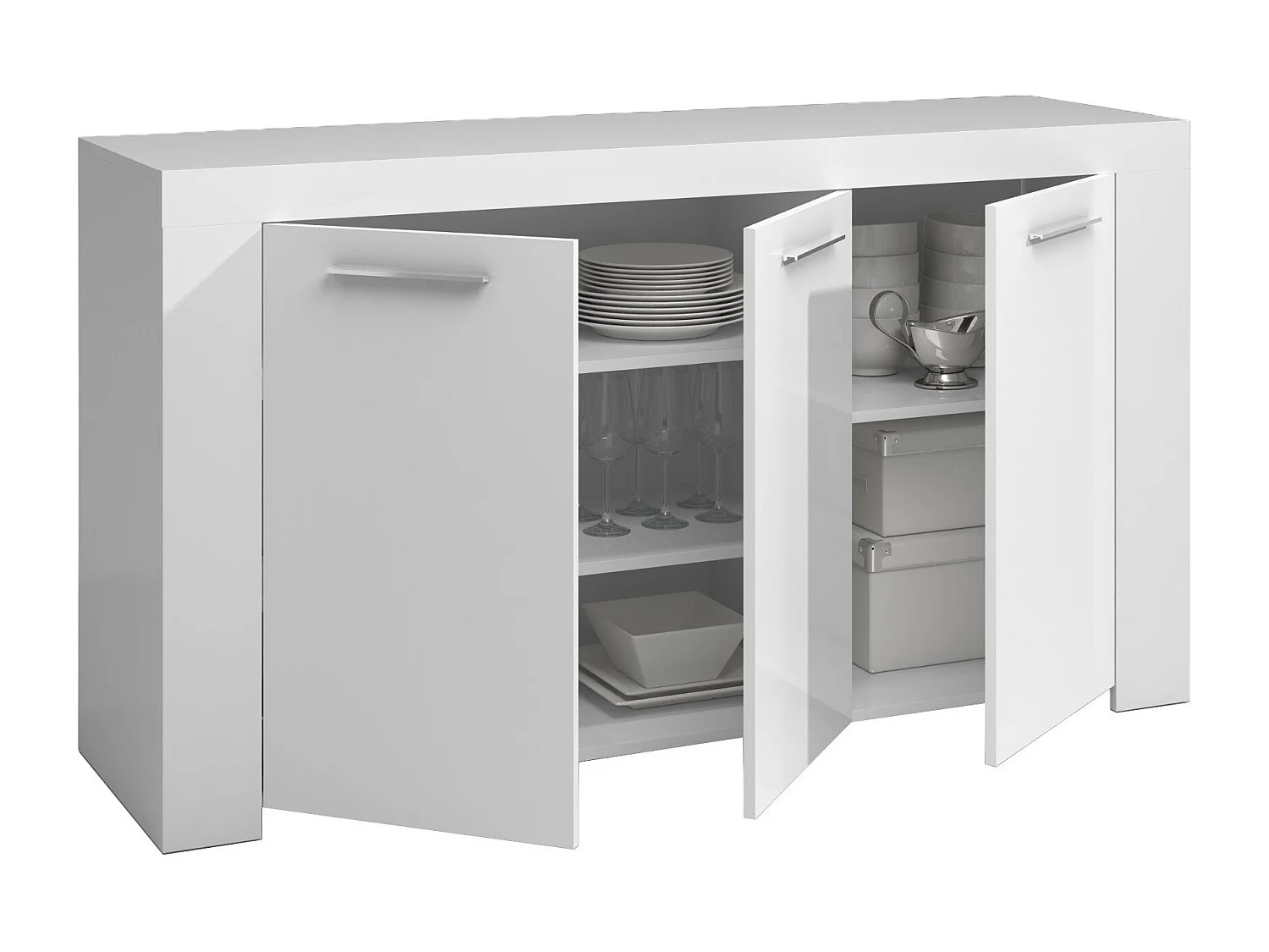 Buffet Bellevue, Buffet de salon, Meuble TV, Buffet pour salon, Armoire moderne avec 3 portes, 144x42h80 cm, Blanc