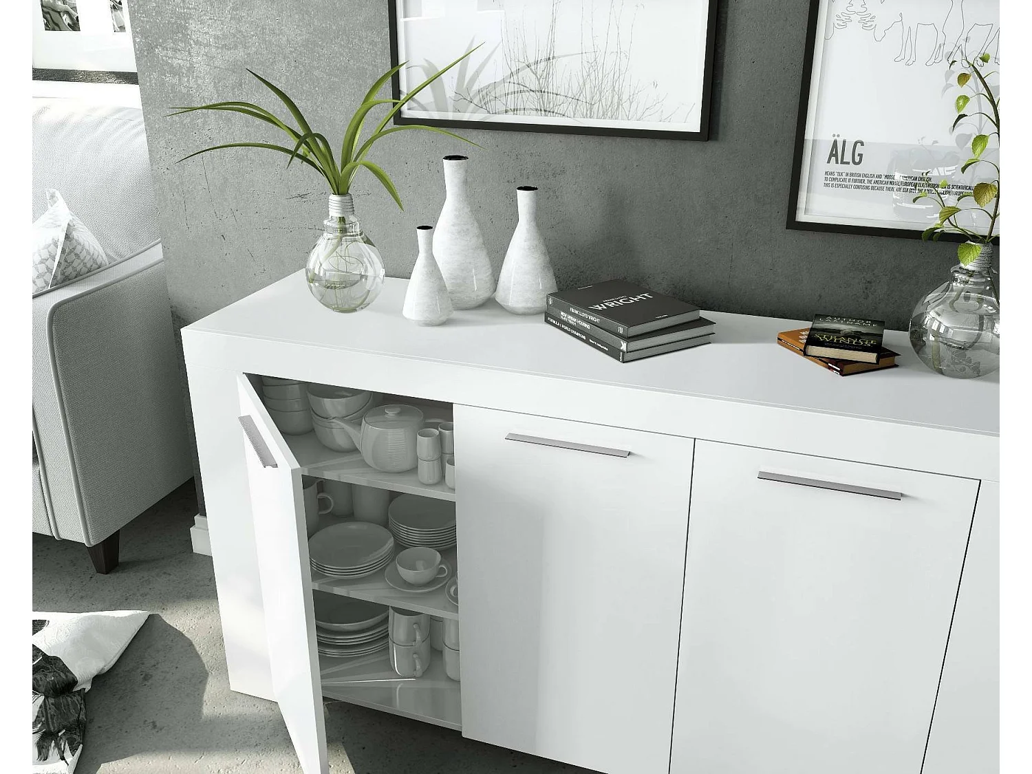 Buffet Bellevue, Buffet de salon, Meuble TV, Buffet pour salon, Armoire moderne avec 3 portes, 144x42h80 cm, Blanc