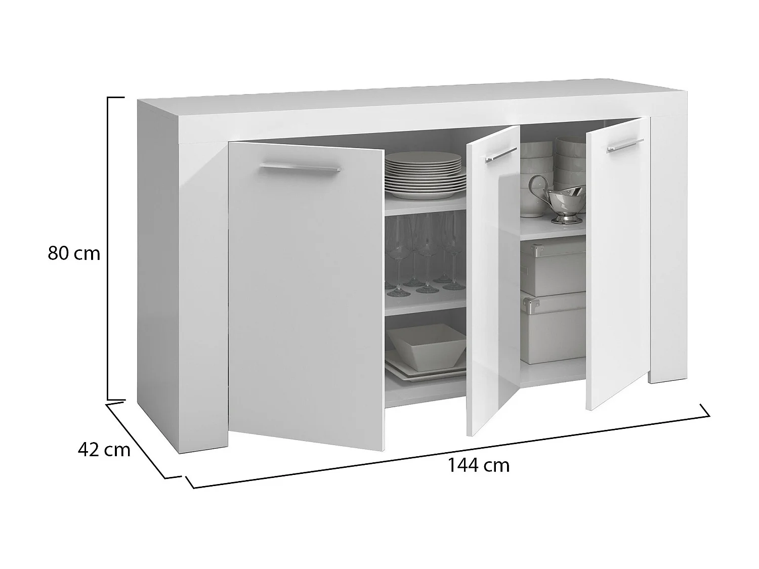 Buffet Bellevue, Buffet de salon, Meuble TV, Buffet pour salon, Armoire moderne avec 3 portes, 144x42h80 cm, Blanc