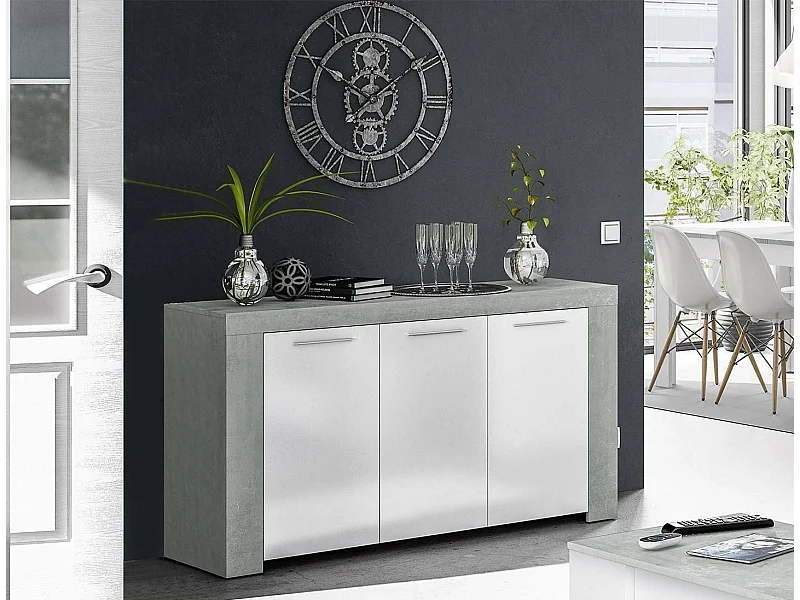 Anrichte Bellevue, Modernes Sideboard mit 3 Türen, Buffet im Wohnzimmer, Fernsehschrank, Sideboard für Wohnzimmer, 144x42h80 cm, Beton und Weiß