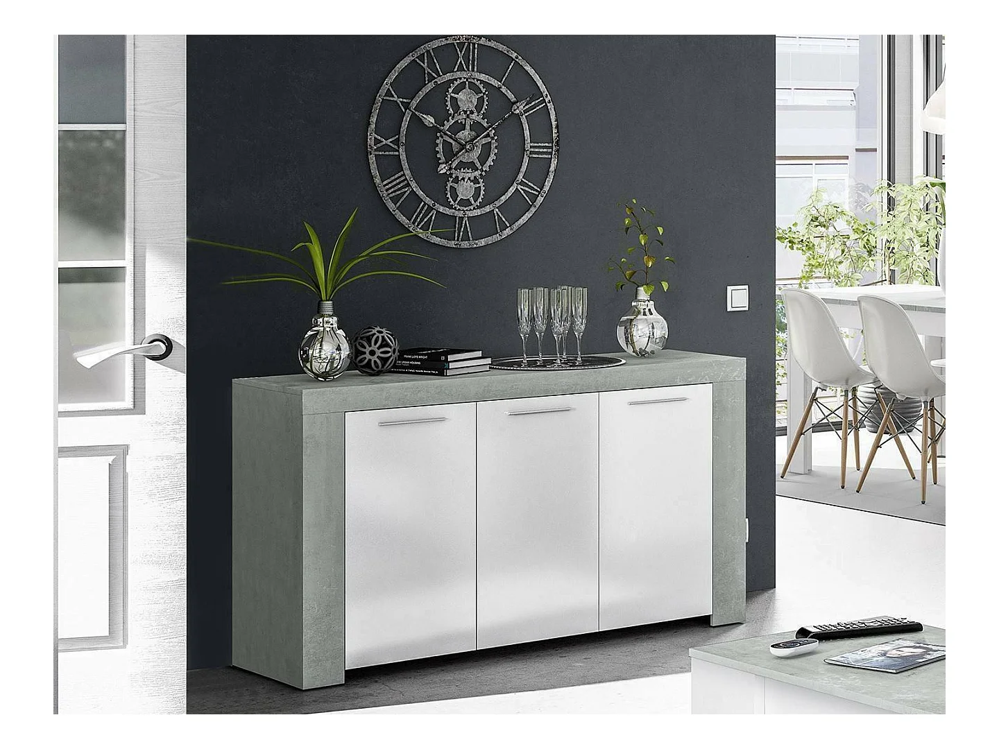 Aparador Bellevue, Aparador moderno con 3 puertas, Bufet de salón, gabinete de TV, Aparador para salón, 144x42h80 cm, Hormigón y Blanco
