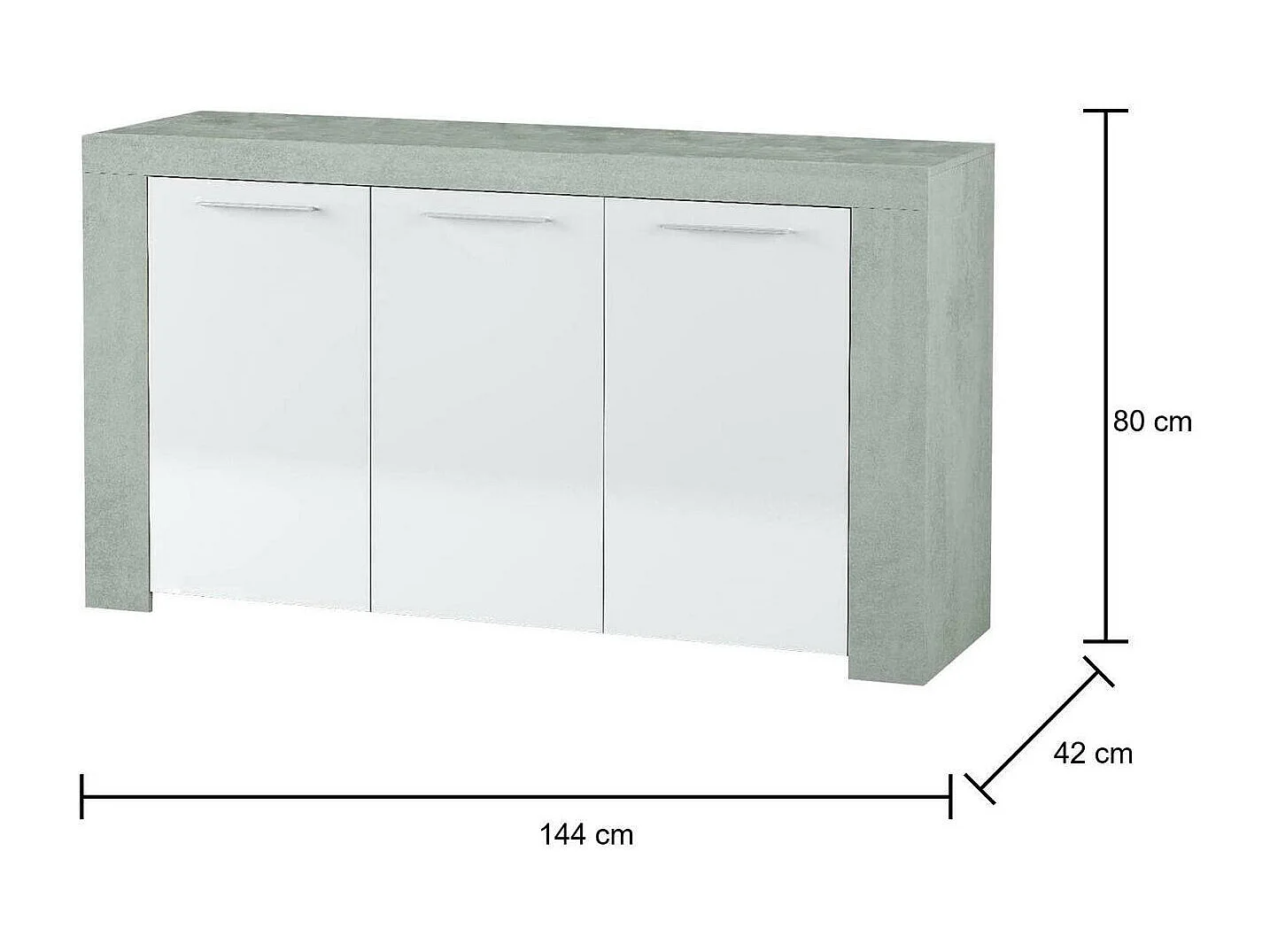 Aparador Bellevue, Aparador moderno con 3 puertas, Bufet de salón, gabinete de TV, Aparador para salón, 144x42h80 cm, Hormigón y Blanco