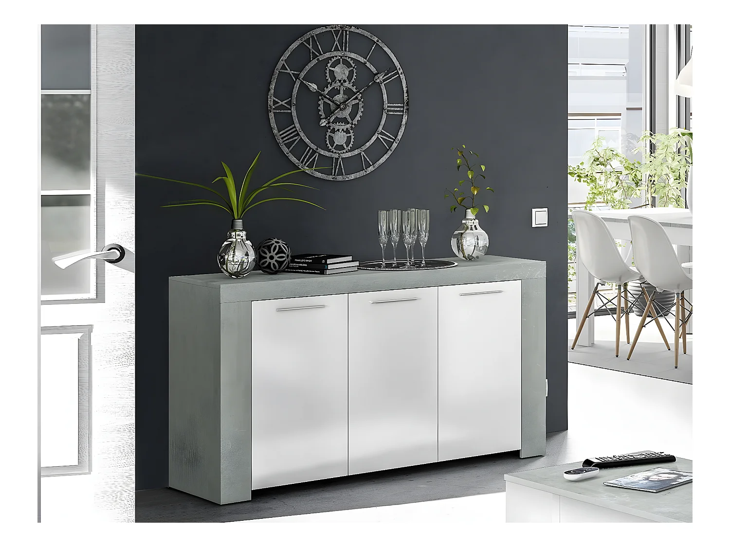 Bellevue dressoir, Modern dressoir met 3 deuren, Woonkamerbuffet, TV-kast, Dressoir voor woonkamer, 144x42h80 cm, Cement en Wit
