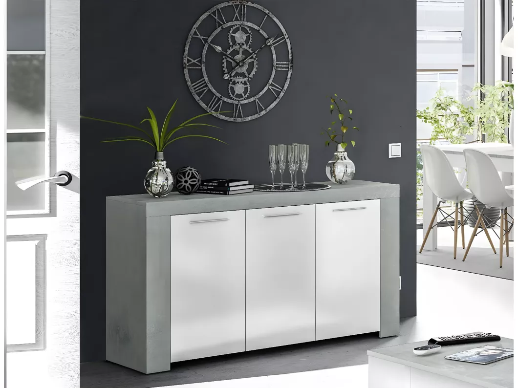 Kauf Unique Anrichte Bellevue, Modernes Sideboard mit 3 Türen, Buffet im Wohnzimmer, Fernsehschrank, Sideboard für Wohnzimmer, 144x42h80 cm, Beton und Weiß