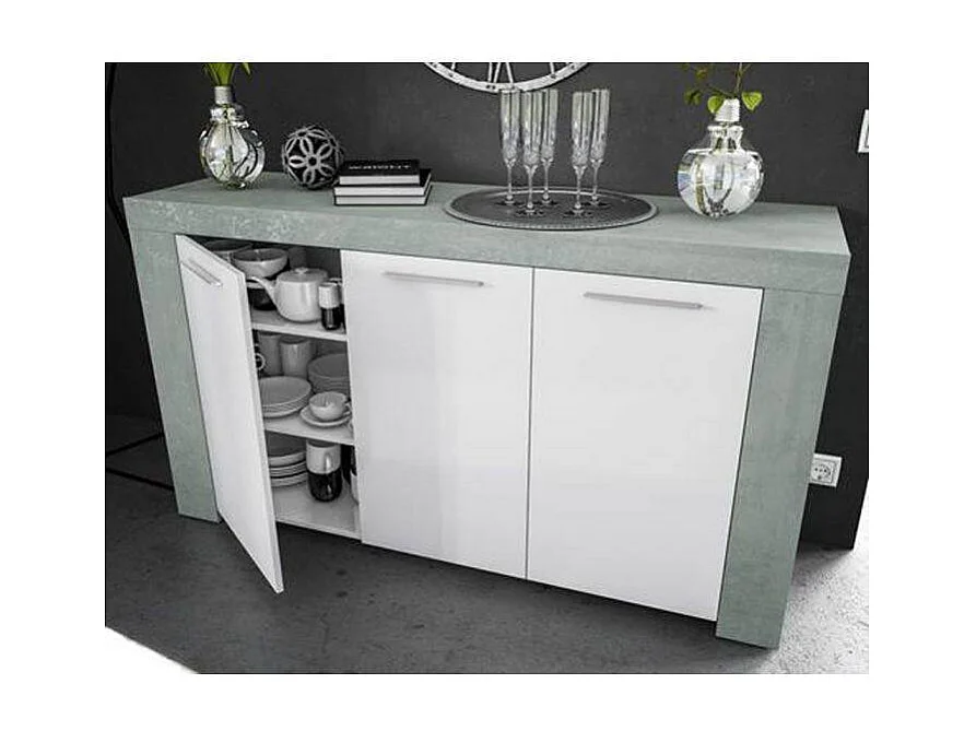 Buffet Bellevue, Buffet de salon, Meuble TV, Buffet pour salon, Armoire moderne avec 3 portes, 144x42h80 cm, Ciment et Blanc