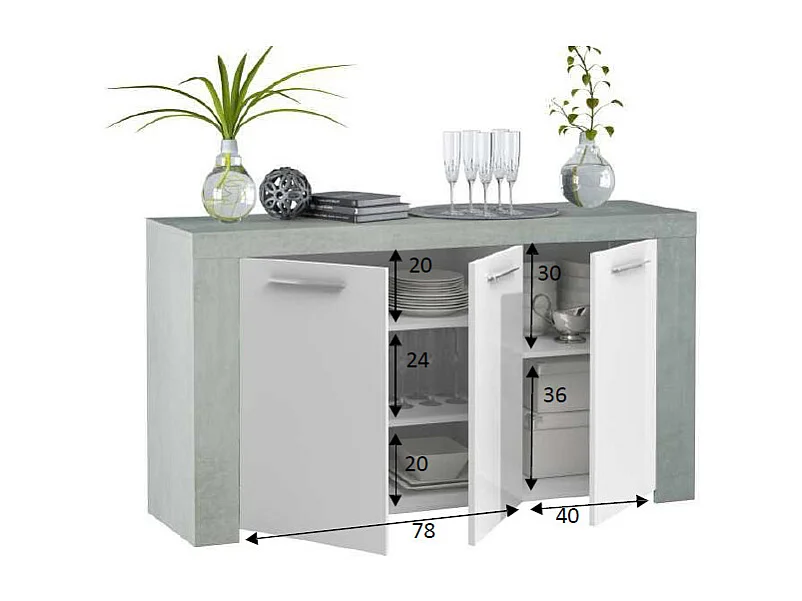 Buffet Bellevue, Buffet de salon, Meuble TV, Buffet pour salon, Armoire moderne avec 3 portes, 144x42h80 cm, Ciment et Blanc