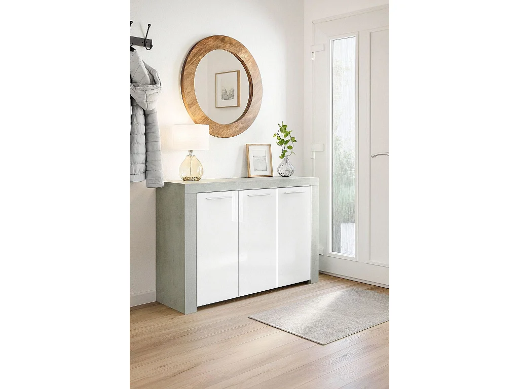 Buffet Bellevue, Buffet de salon, Meuble TV, Buffet pour salon, Armoire moderne avec 3 portes, 144x42h80 cm, Ciment et Blanc