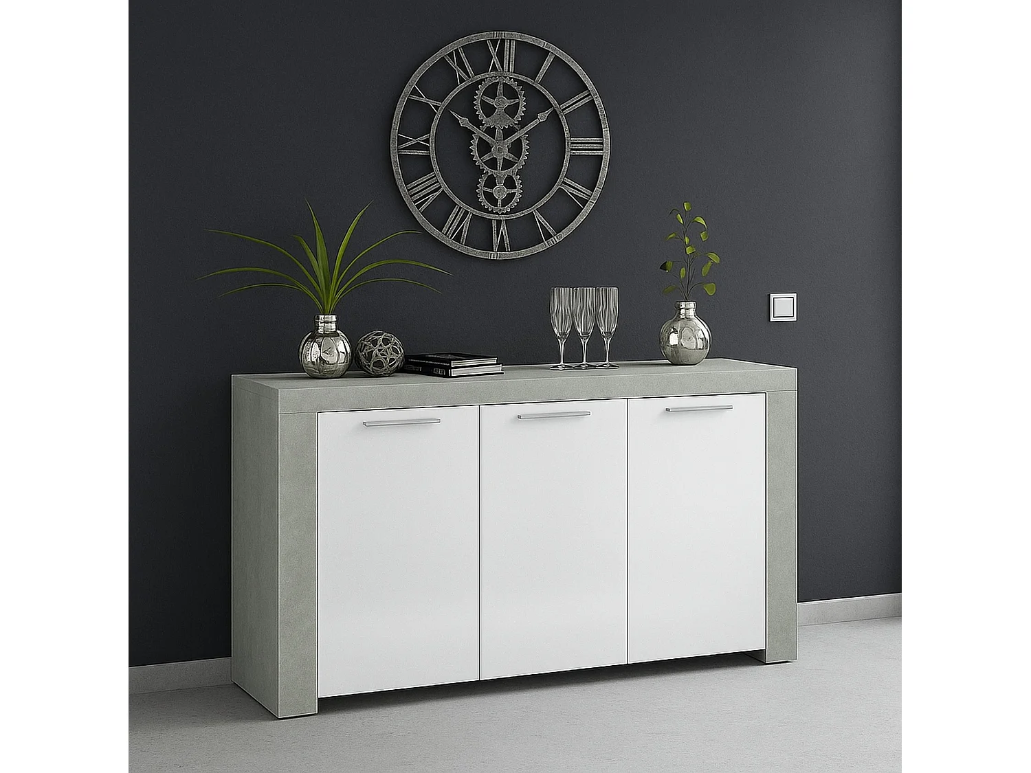 Buffet Bellevue, Buffet de salon, Meuble TV, Buffet pour salon, Armoire moderne avec 3 portes, 144x42h80 cm, Ciment et Blanc
