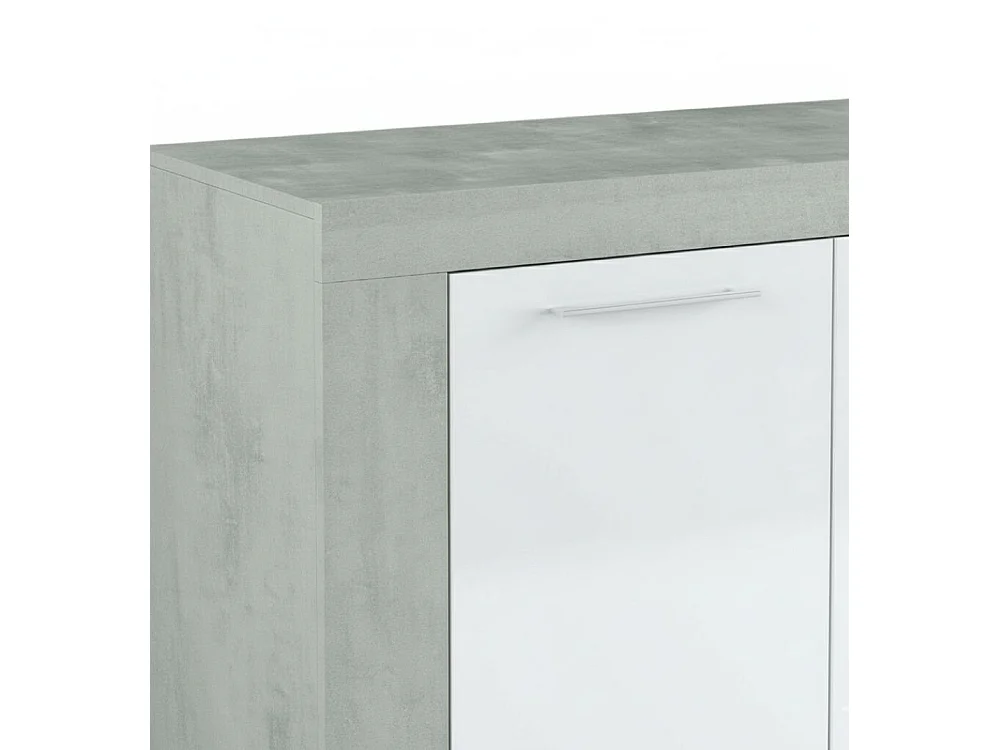 Buffet Bellevue, Buffet de salon, Meuble TV, Buffet pour salon, Armoire moderne avec 3 portes, 144x42h80 cm, Ciment et Blanc