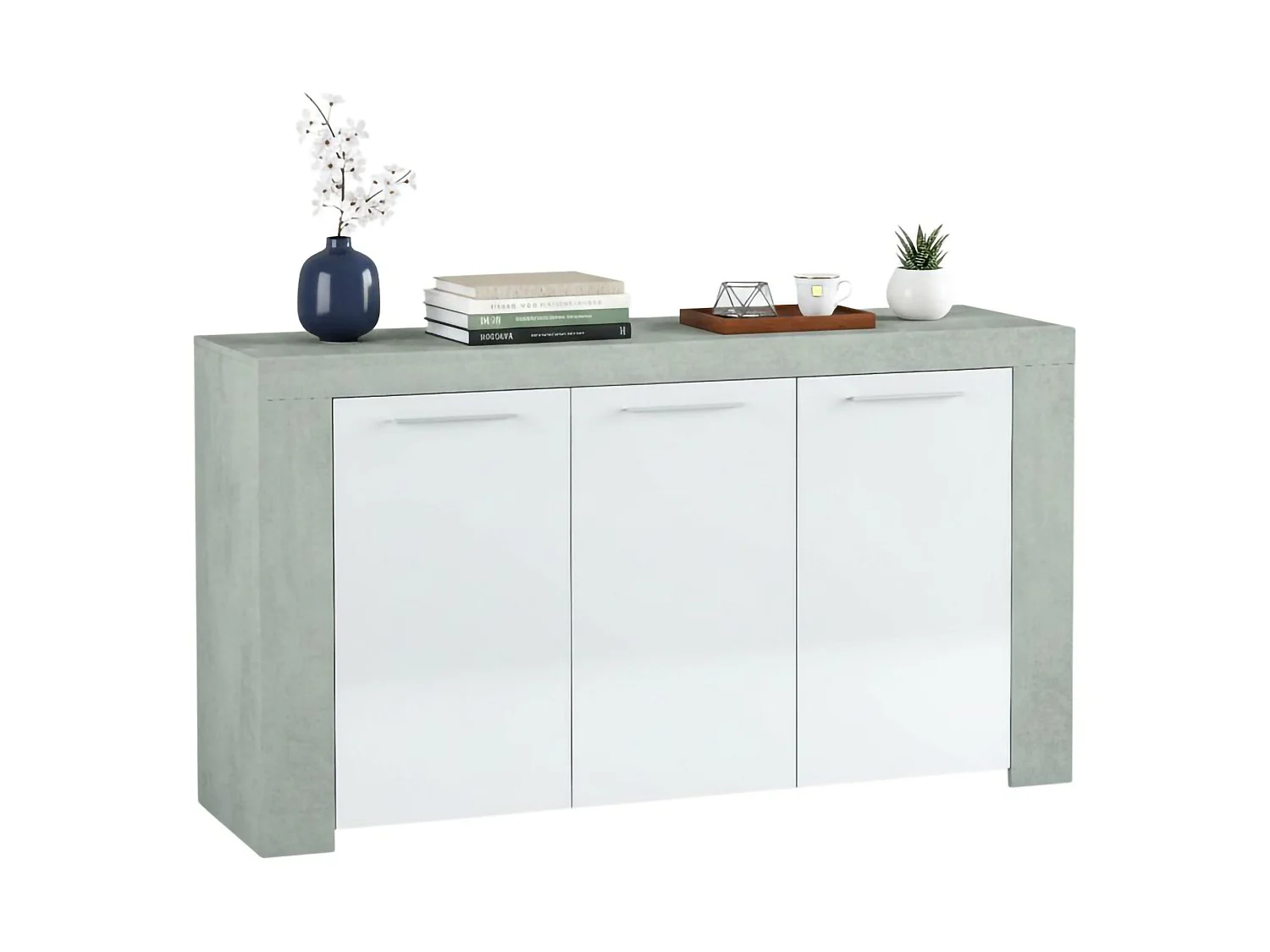 Buffet Bellevue, Buffet de salon, Meuble TV, Buffet pour salon, Armoire moderne avec 3 portes, 144x42h80 cm, Ciment et Blanc