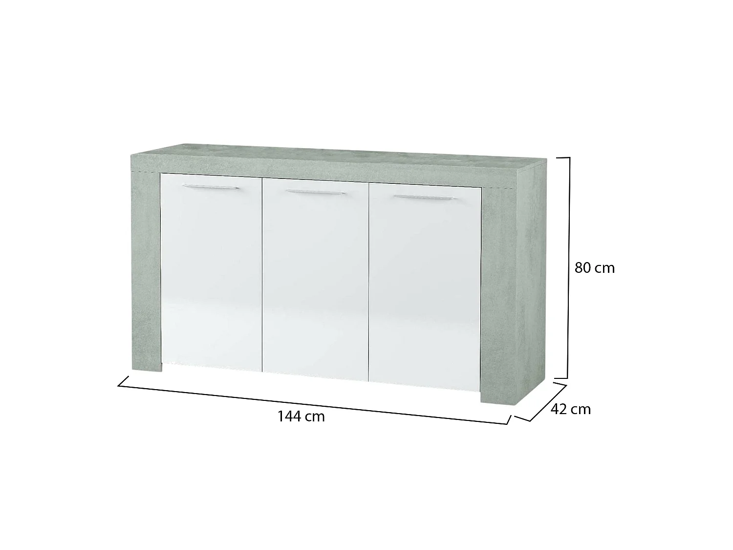 Buffet Bellevue, Buffet de salon, Meuble TV, Buffet pour salon, Armoire moderne avec 3 portes, 144x42h80 cm, Ciment et Blanc