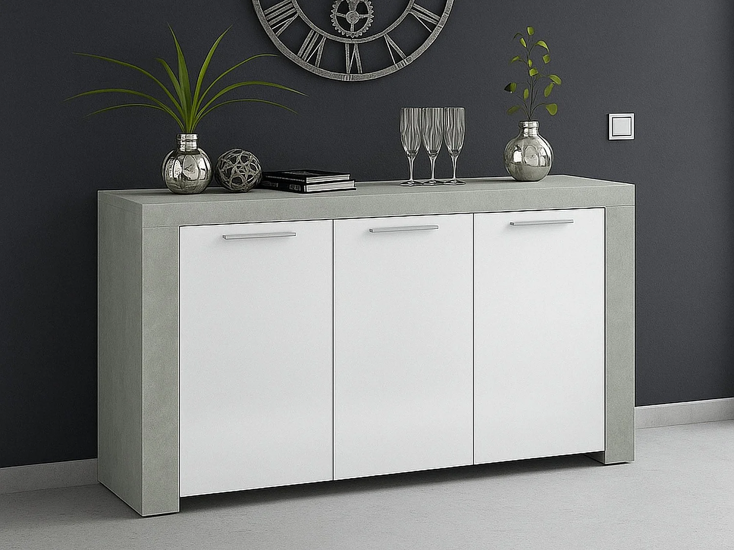 Buffet Bellevue, Buffet de salon, Meuble TV, Buffet pour salon, Armoire moderne avec 3 portes, 144x42h80 cm, Ciment et Blanc