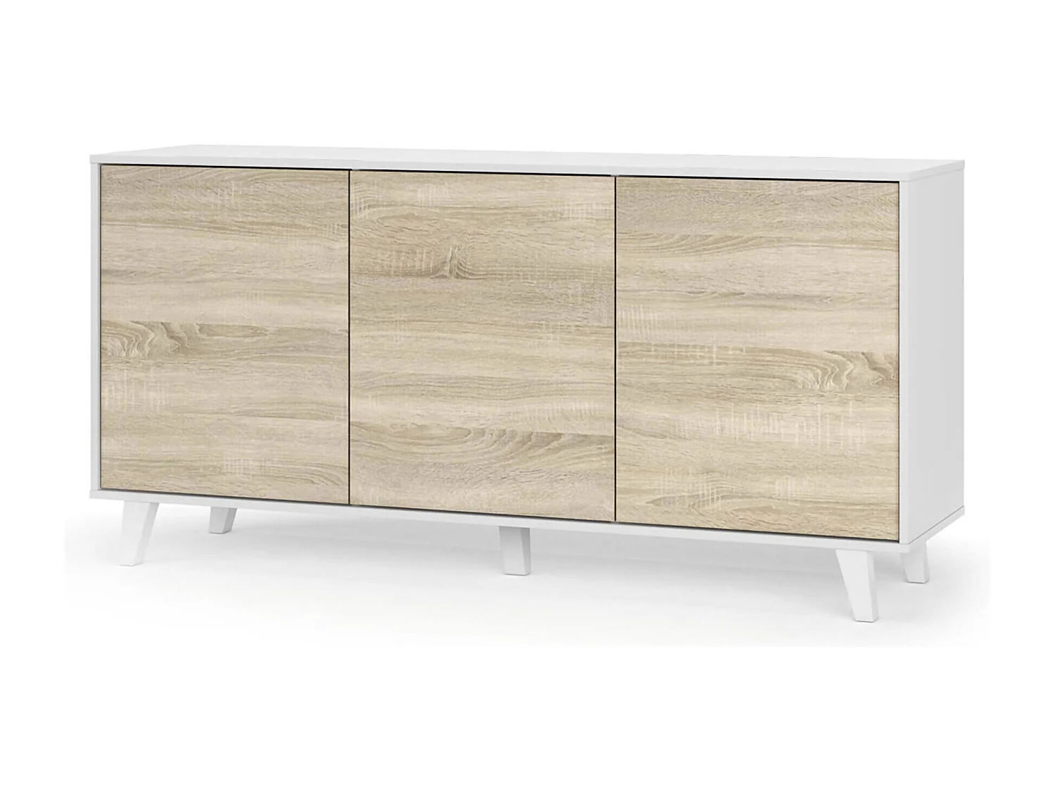 Aparador Arvada, Aparador moderno con 3 puertas y baldas, Buffet de cocina, Buffet de diseno de sala de estar, 154x40h75 cm, Blanco y roble