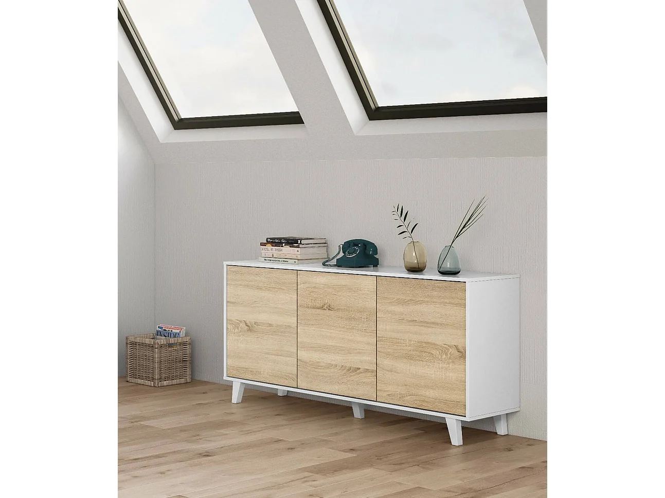 Buffet Arvada, Buffet de cuisine, Armoire design de salon, Buffet moderne avec 3 portes et étagères, 154x40h75 cm, Blanc et Chêne