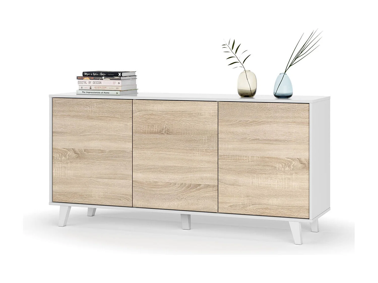 Buffet Arvada, Buffet de cuisine, Armoire design de salon, Buffet moderne avec 3 portes et étagères, 154x40h75 cm, Blanc et Chêne