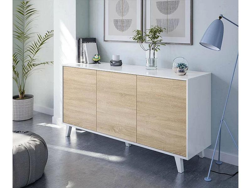 Anrichte Arvada, Modernes Sideboard mit 3 Türen und Einlegeböden, Küchenbuffet, Wohnzimmer-Design-Buffet, 154x40h75 cm, Weiß und Eiche