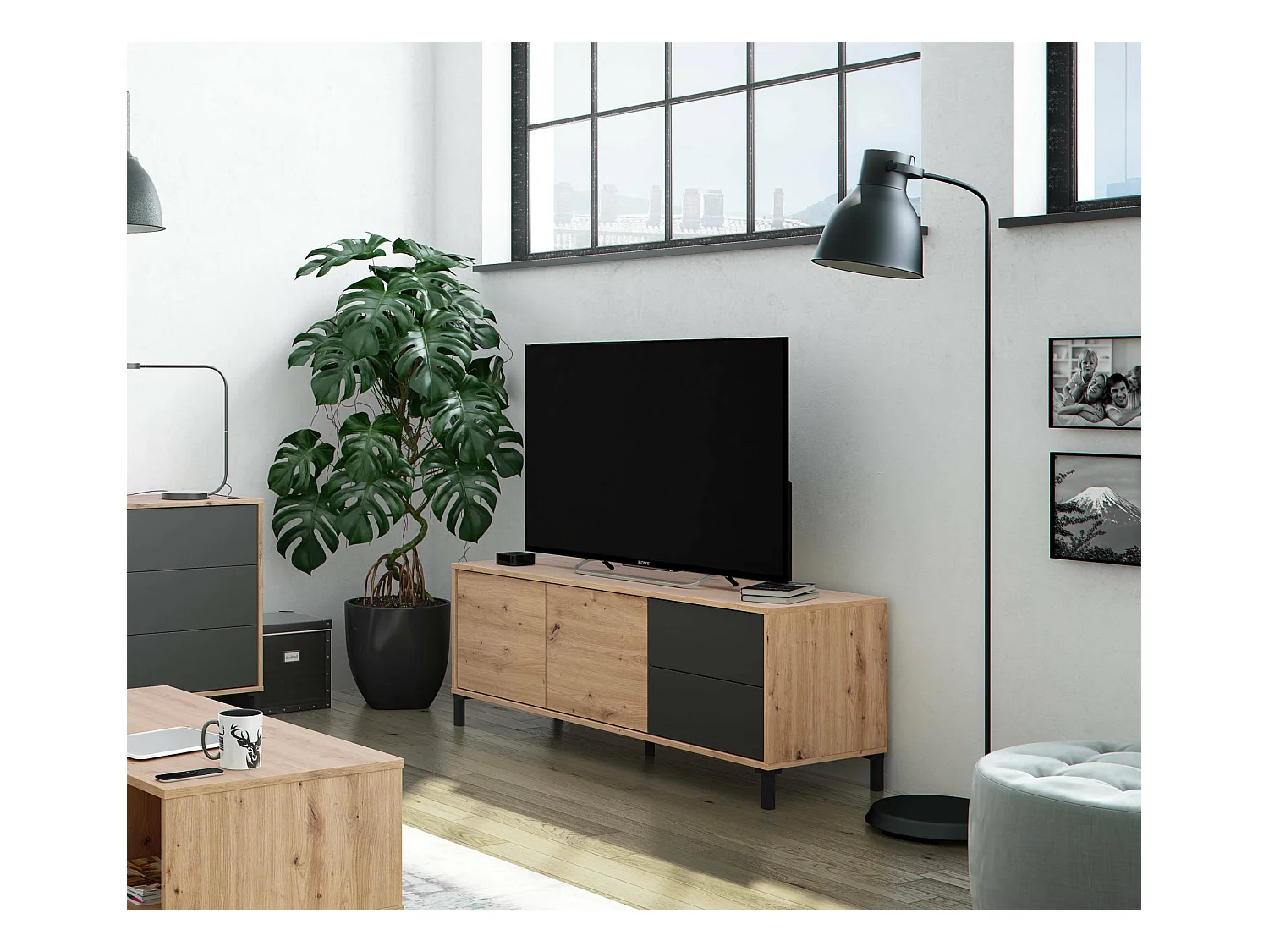 Buffet Arecibo, Buffet de salon, Meuble TV, Buffet avec pieds pour salon, Armoire moderne avec 2 portes, 130x41h47 cm, Chêne noué et Anthracite
