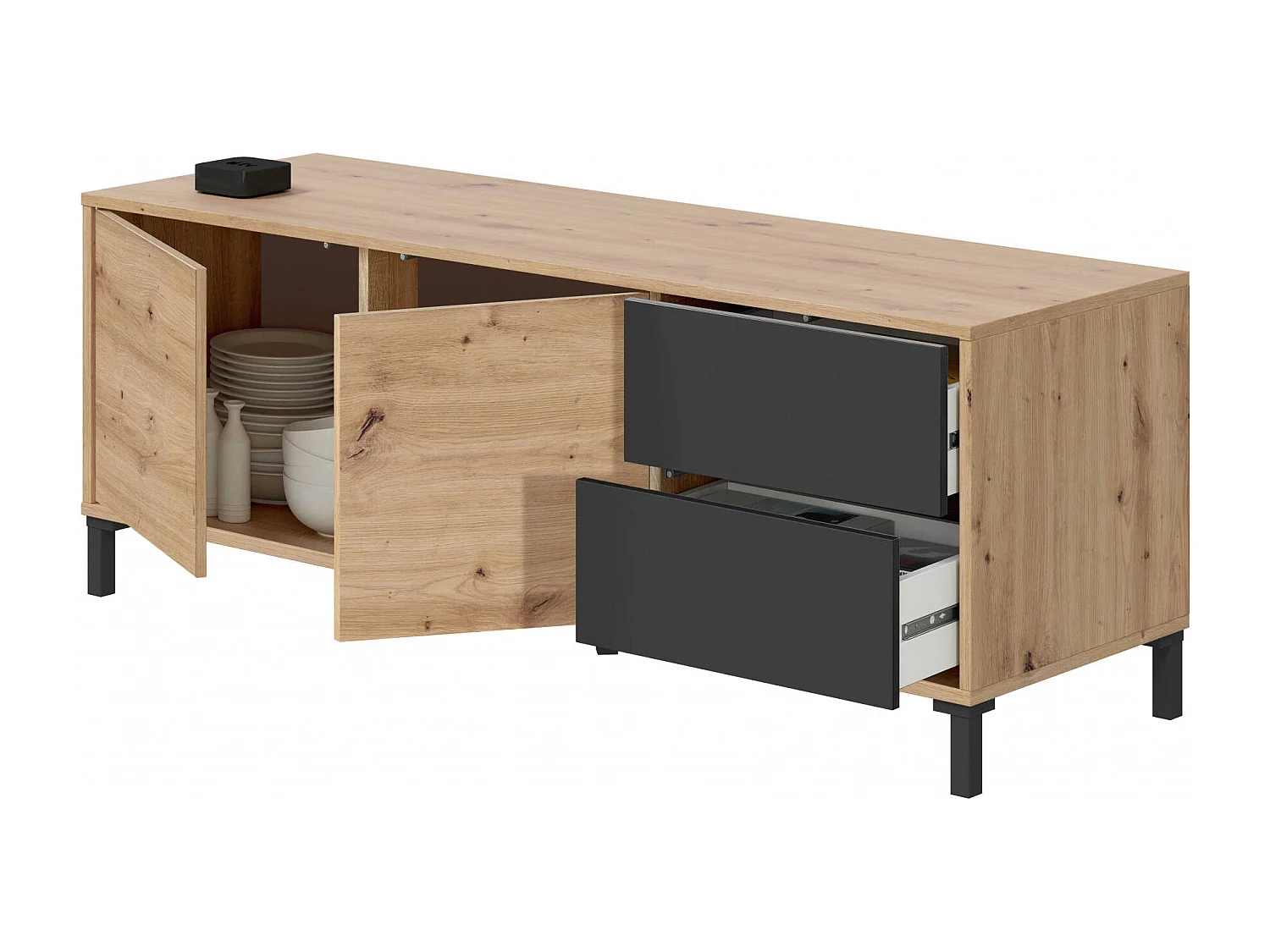Arecibo dressoir, Modern dressoir met 2 deuren, Woonkamerbuffet, TV-meubel, Dressoir met poten voor woonkamer, 130x41h47 cm, Geknoopt eiken en antraciet