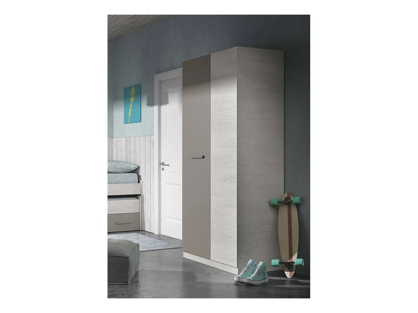 Armoire Abilene, armoire de chambre avec 2 portes battantes, armoire avec 3 étagères et tringle à vêtements, 90x52h200 cm, blanc et marron