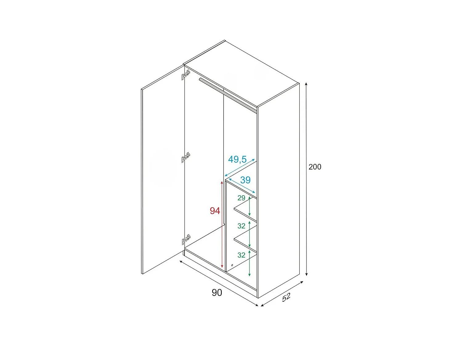 Armoire Abilene, armoire de chambre avec 2 portes battantes, armoire avec 3 étagères et tringle à vêtements, 90x52h200 cm, blanc et marron