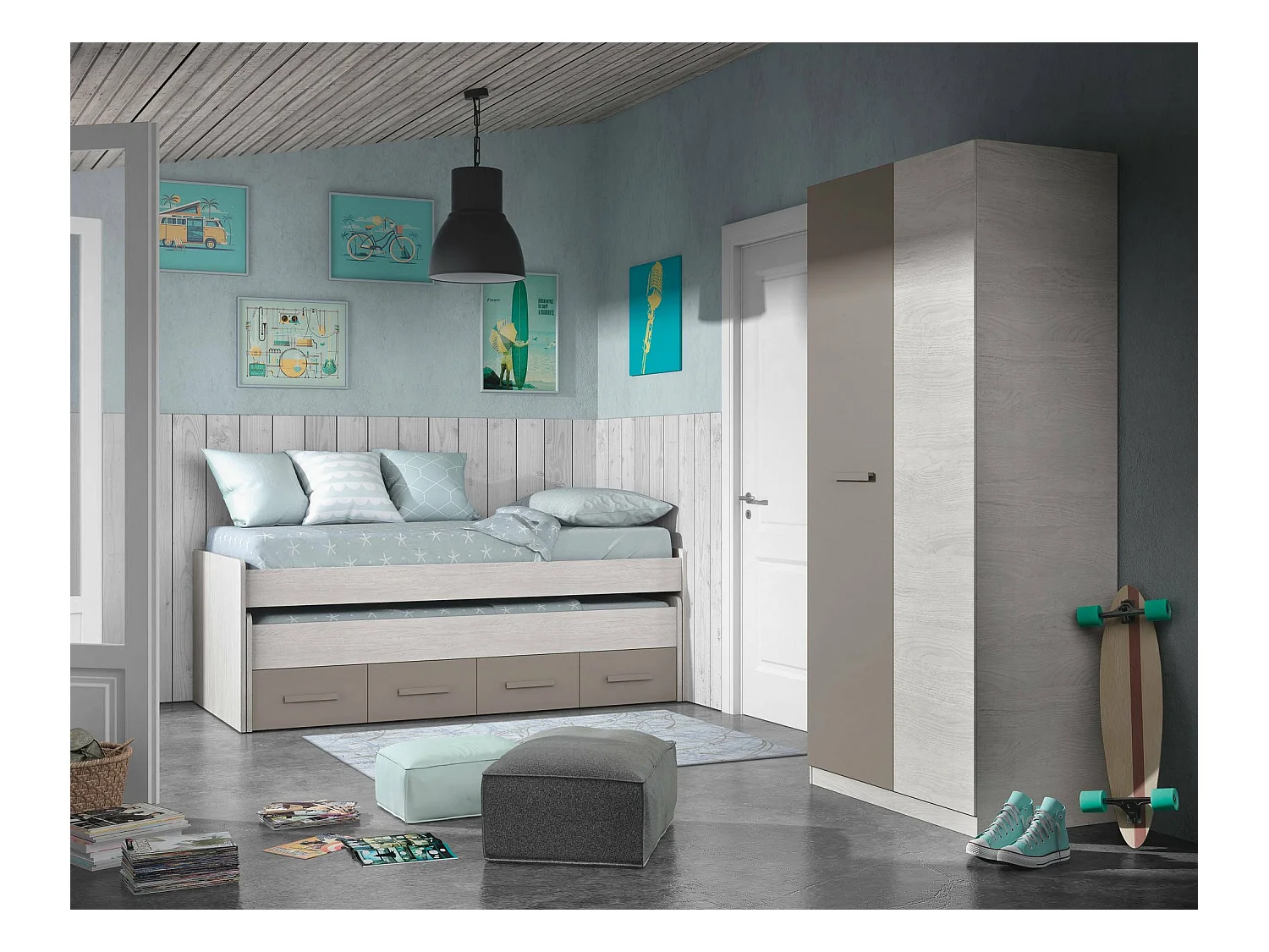 Armoire Abilene, armoire de chambre avec 2 portes battantes, armoire avec 3 étagères et tringle à vêtements, 90x52h200 cm, blanc et marron