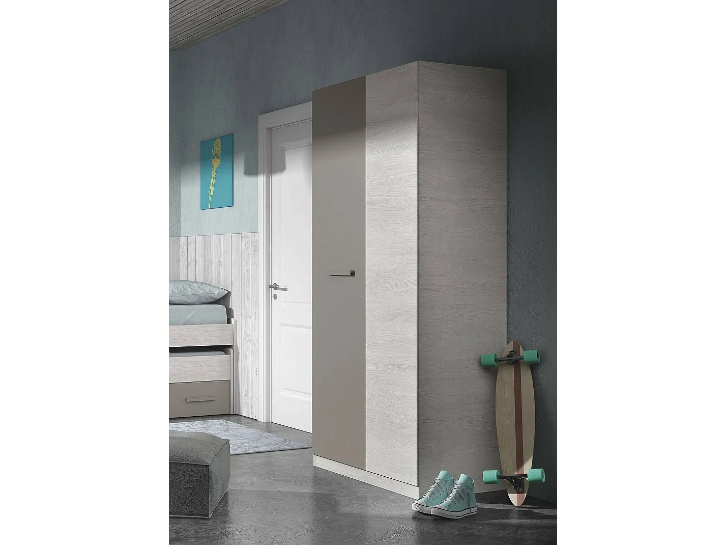 Armoire Abilene, armoire de chambre avec 2 portes battantes, armoire avec 3 étagères et tringle à vêtements, 90x52h200 cm, blanc et marron