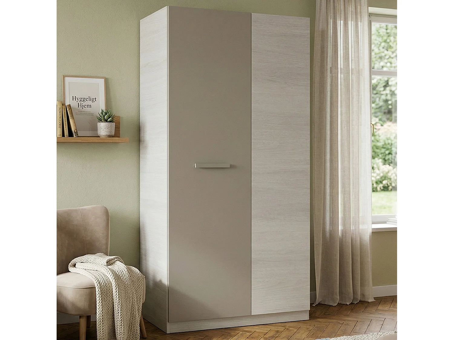 Armoire Abilene, armoire de chambre avec 2 portes battantes, armoire avec 3 étagères et tringle à vêtements, 90x52h200 cm, blanc et marron