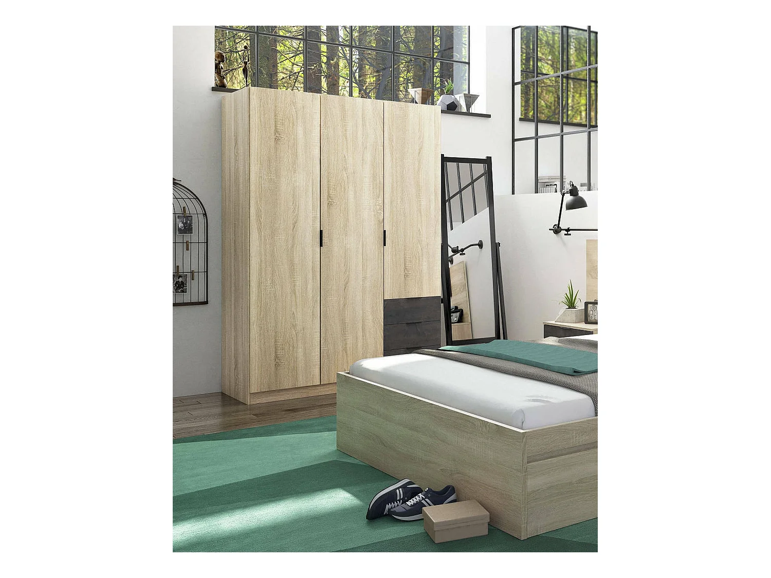 Garderobe Allentown, Schlafzimmerschrank mit 3 Türen und 3 Schubladen, Schrank mit Kleiderstange und 3 Einlegeböden, 121x52h180 cm, Eiche und Oxid