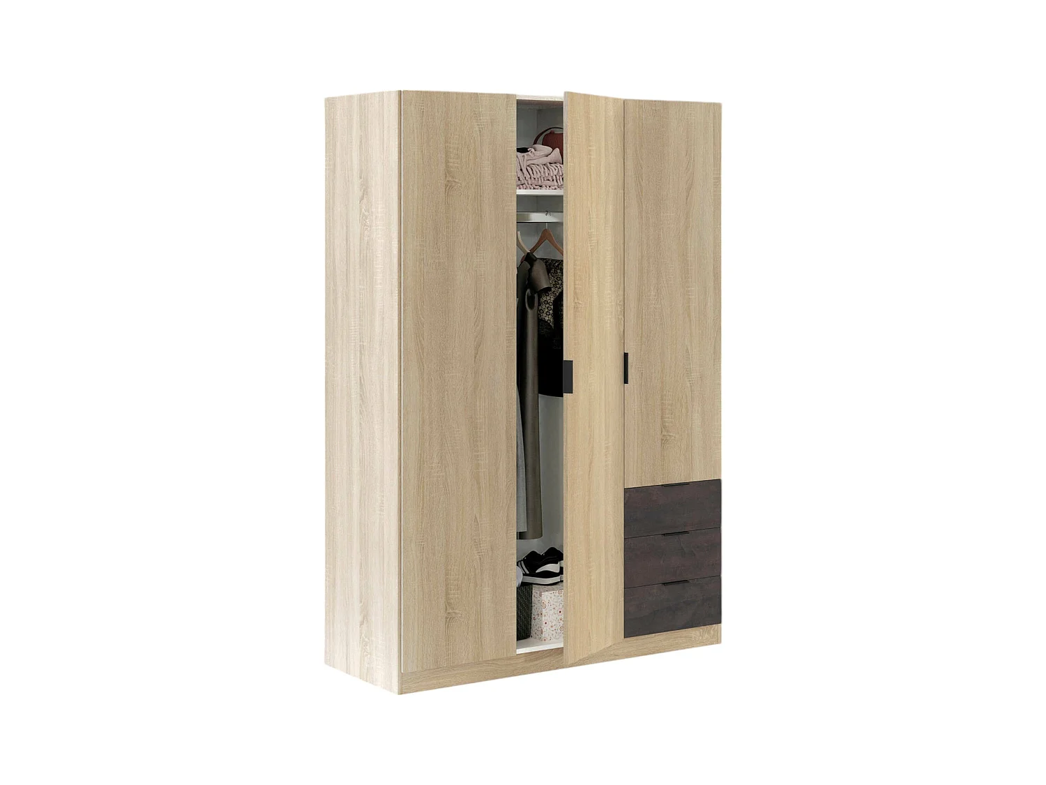 Garderobe Allentown, Schlafzimmerschrank mit 3 Türen und 3 Schubladen, Schrank mit Kleiderstange und 3 Einlegeböden, 121x52h180 cm, Eiche und Oxid