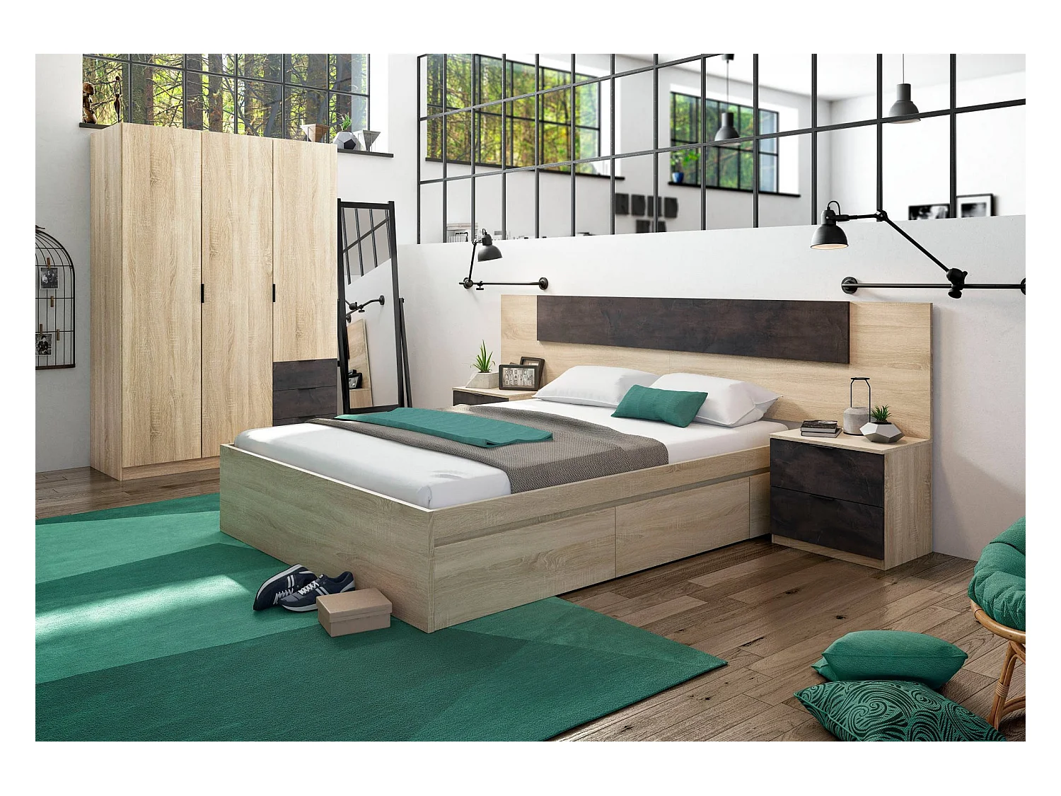 Garderobe Allentown, Schlafzimmerschrank mit 3 Türen und 3 Schubladen, Schrank mit Kleiderstange und 3 Einlegeböden, 121x52h180 cm, Eiche und Oxid