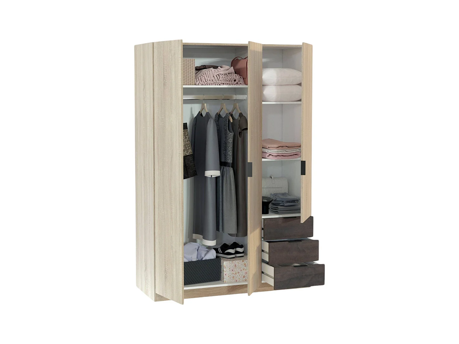Garderobe Allentown, Schlafzimmerschrank mit 3 Türen und 3 Schubladen, Schrank mit Kleiderstange und 3 Einlegeböden, 121x52h180 cm, Eiche und Oxid