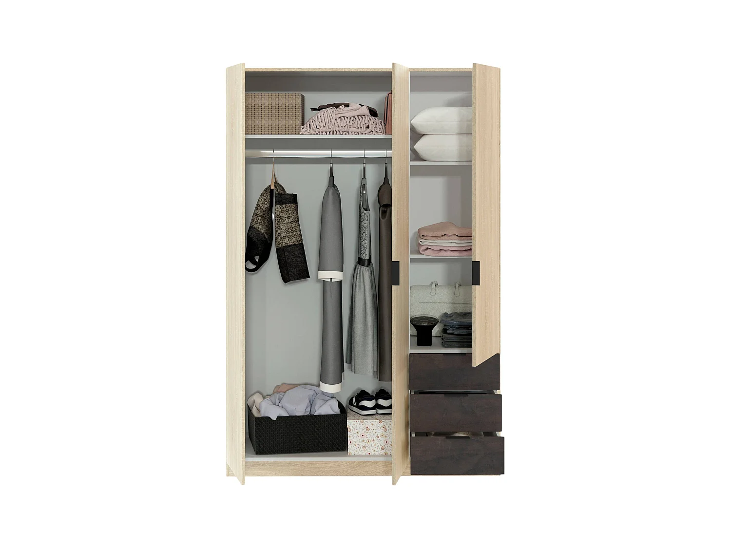 Garderobe Allentown, Schlafzimmerschrank mit 3 Türen und 3 Schubladen, Schrank mit Kleiderstange und 3 Einlegeböden, 121x52h180 cm, Eiche und Oxid