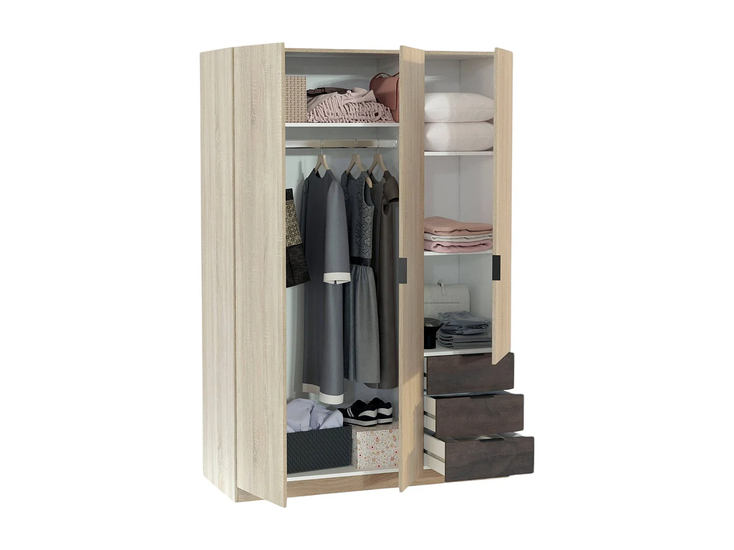 Armoire Allentown, Armoire de chambre avec 3 portes et 3 tiroirs, Armoire avec penderie et 3 étagères, 121x52h180 cm, Chêne et Oxyde