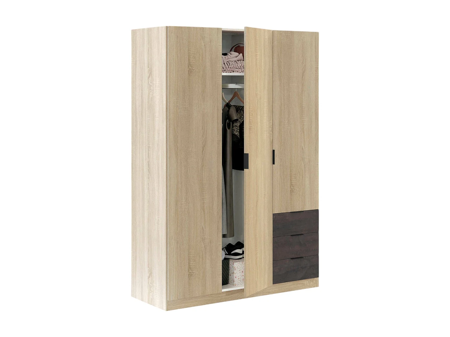 Guardaroba Allentown, Armadio per camera da letto a 3 ante e 3 cassetti, Mobile con barra appendiabiti e 3 ripiani, 121x52h180 cm, Rovere e Ossido