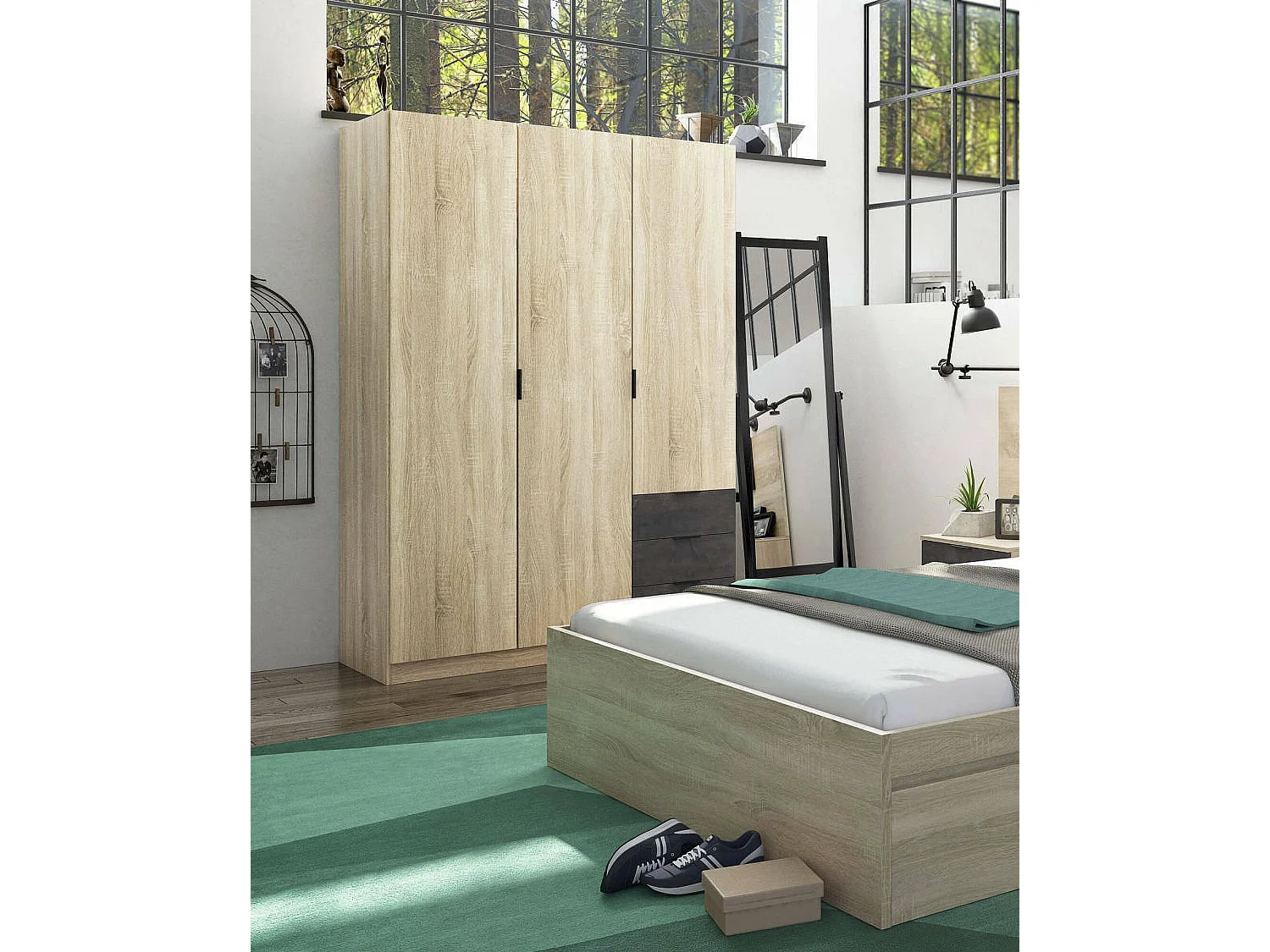 Guardarropa Allentown, Armario dormitorio con 3 puertas y 3 cajones, Mueble con barra perchero y 3 baldas, 121x52h180 cm, Roble y Ã"xido