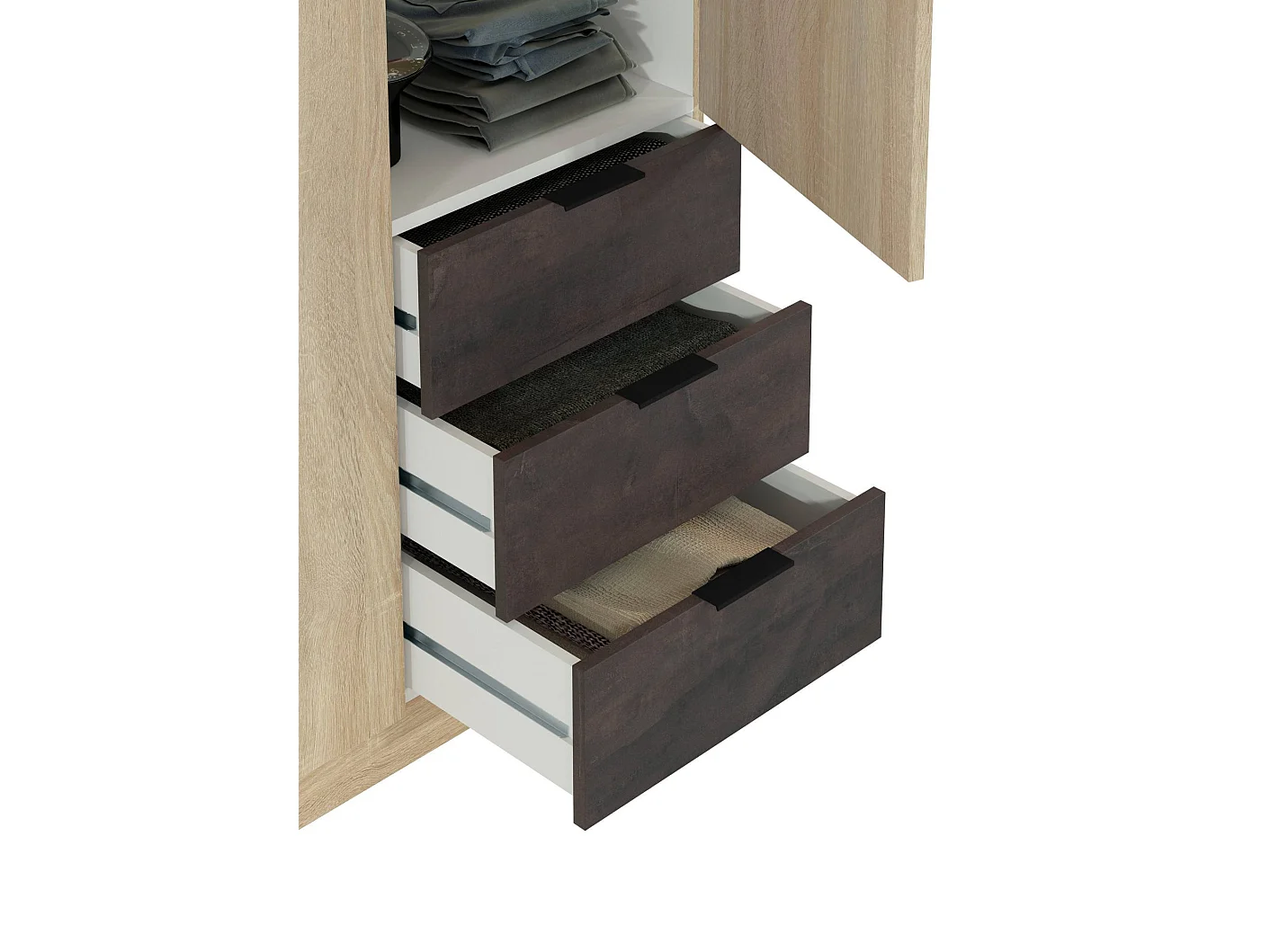 Guardaroba Allentown, Armadio per camera da letto a 3 ante e 3 cassetti, Mobile con barra appendiabiti e 3 ripiani, 121x52h180 cm, Rovere e Ossido