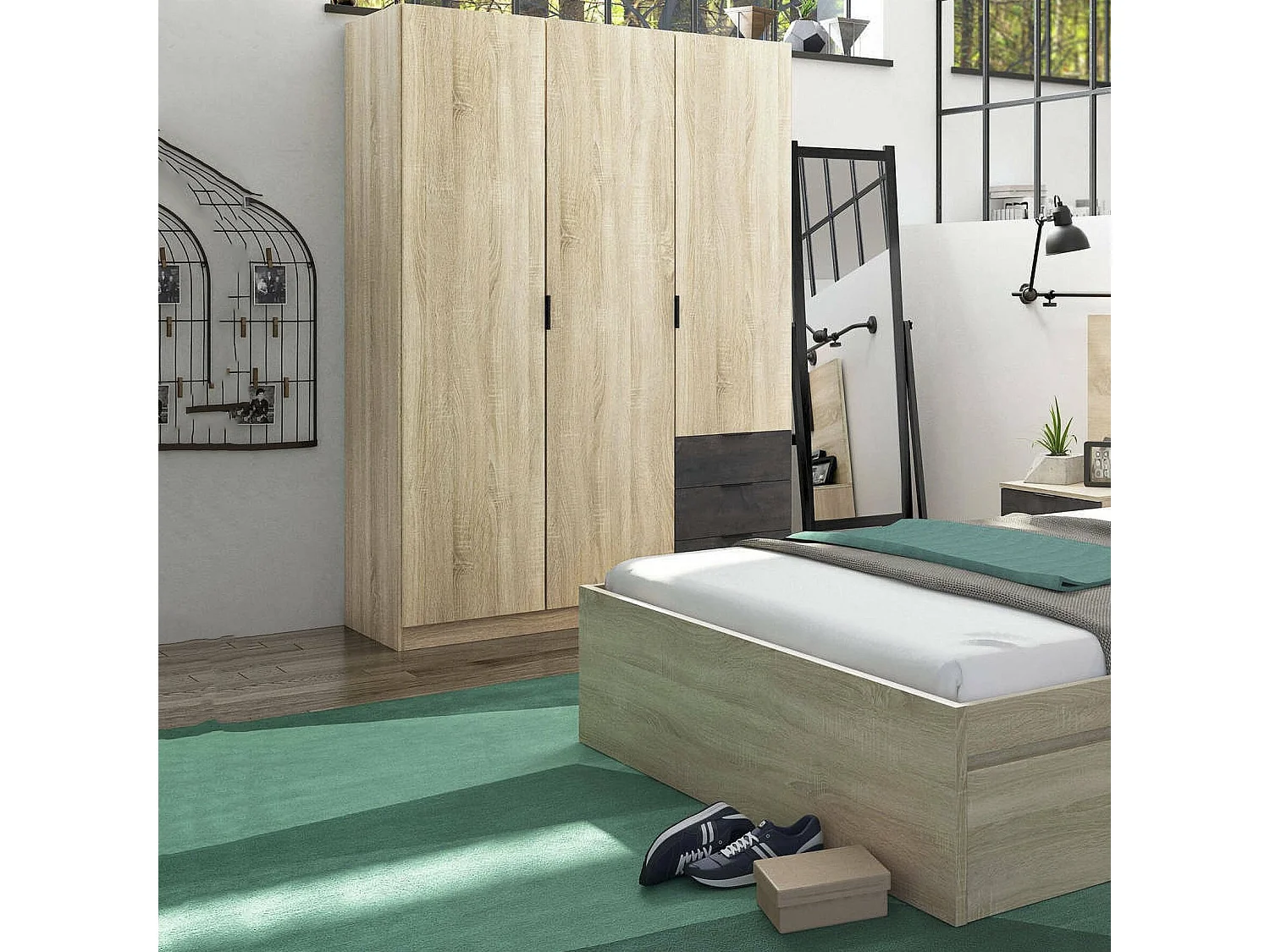 Guardarropa Allentown, Armario dormitorio con 3 puertas y 3 cajones, Mueble con barra perchero y 3 baldas, 121x52h180 cm, Roble y Ã"xido