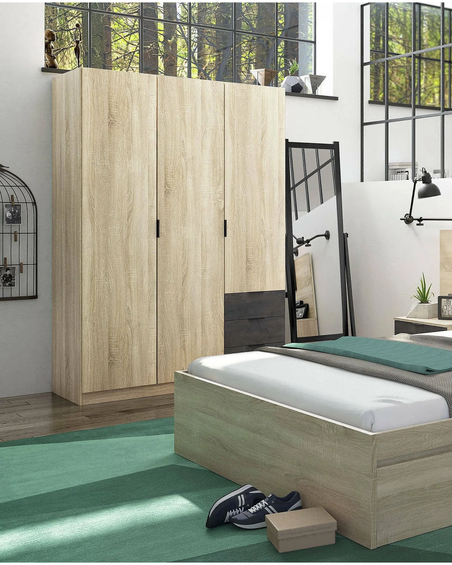 Guardaroba Allentown, Armadio per camera da letto a 3 ante e 3 cassetti, Mobile con barra appendiabiti e 3 ripiani, 121x52h180 cm, Rovere e Ossido