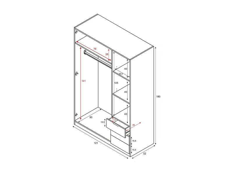 Roupeiro Allentown, Roupeiro de quarto com 3 portas e 3 gavetas, Armário com barra suspensa e 3 prateleiras, 121x52h180 cm, Carvalho e Ã"xido