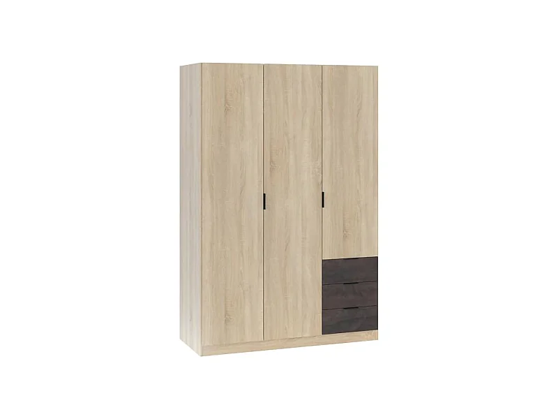Armoire Allentown, Armoire de chambre avec 3 portes et 3 tiroirs, Armoire avec penderie et 3 étagères, 121x52h180 cm, Chêne et Oxyde