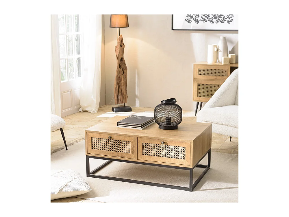 CHARLIE - Table basse marron 4 tiroirs effet cannage pieds métal noir