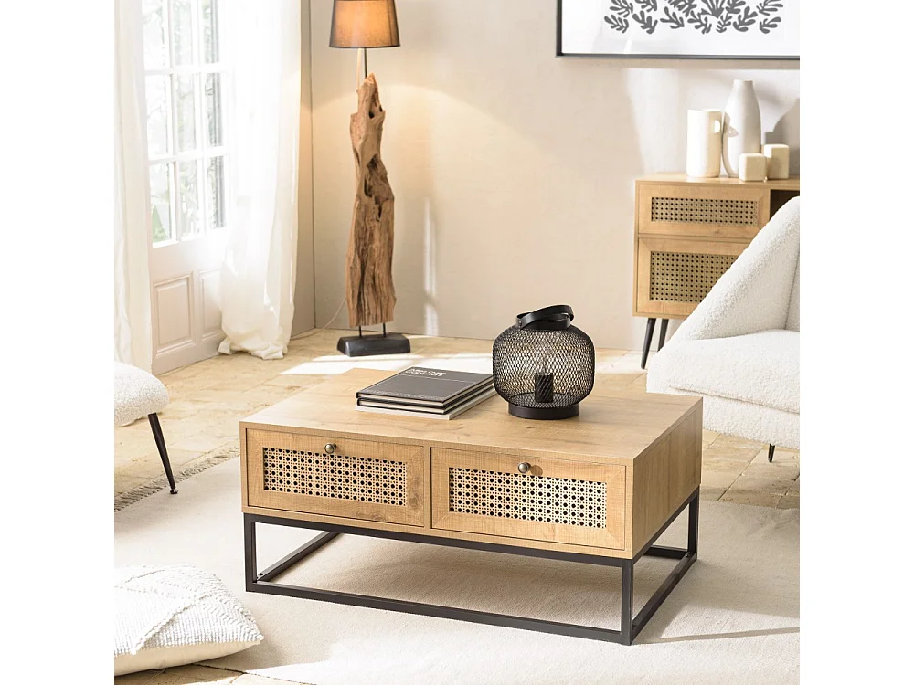 CHARLIE - Table basse bois 4 tiroirs effet cannagemarron