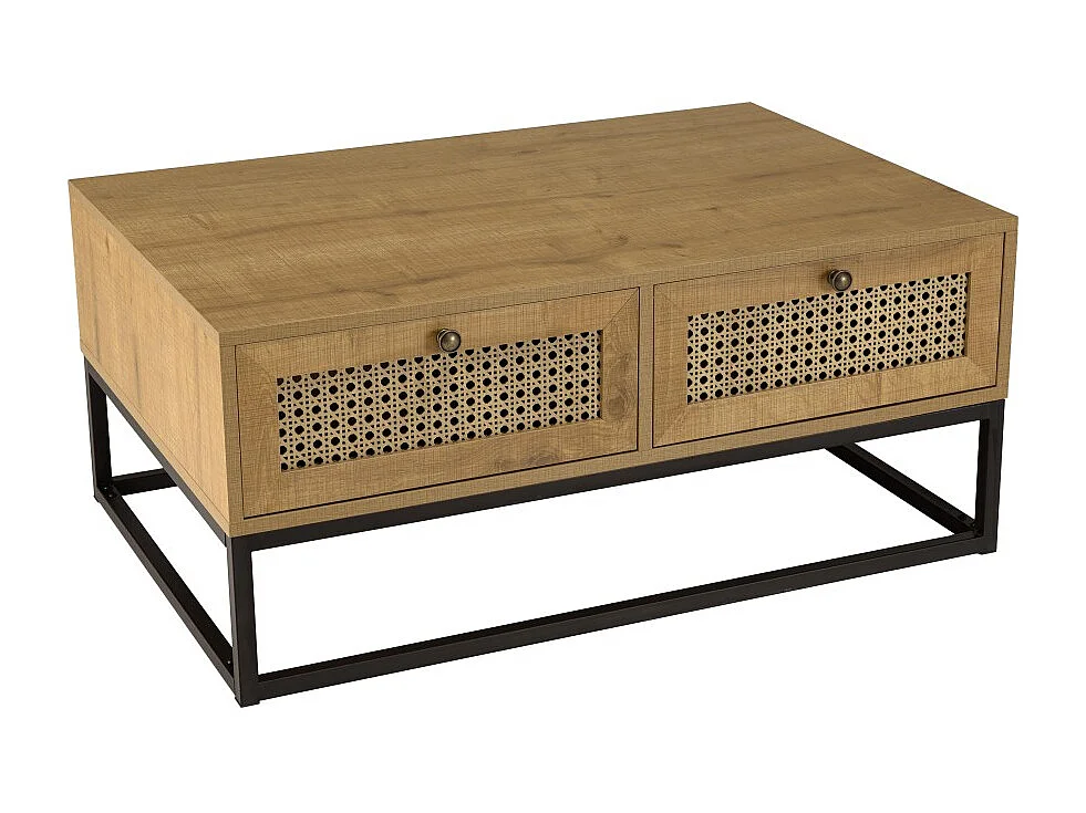 CHARLIE - Table basse bois 4 tiroirs effet cannagemarron