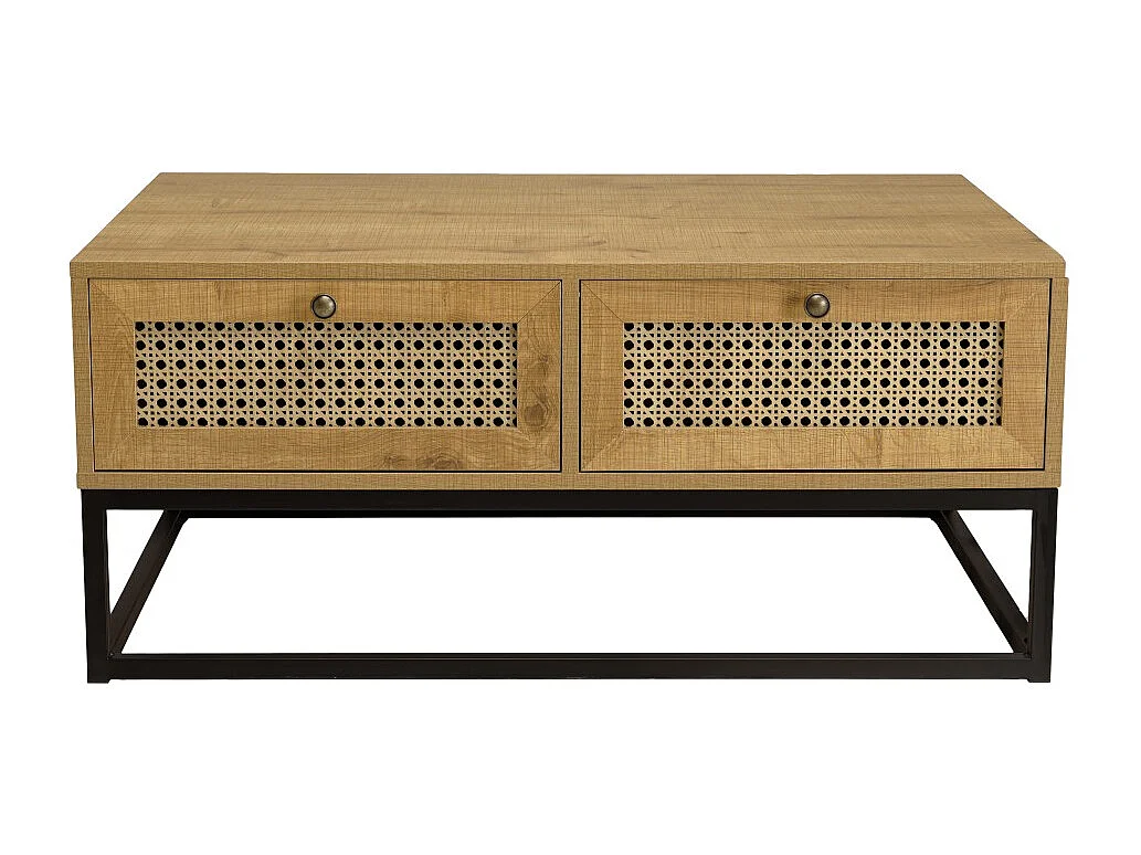 CHARLIE - Table basse bois 4 tiroirs effet cannagemarron